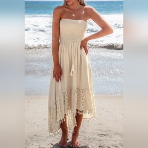 Cupshe Cream Strapless Dress with Lace Hem